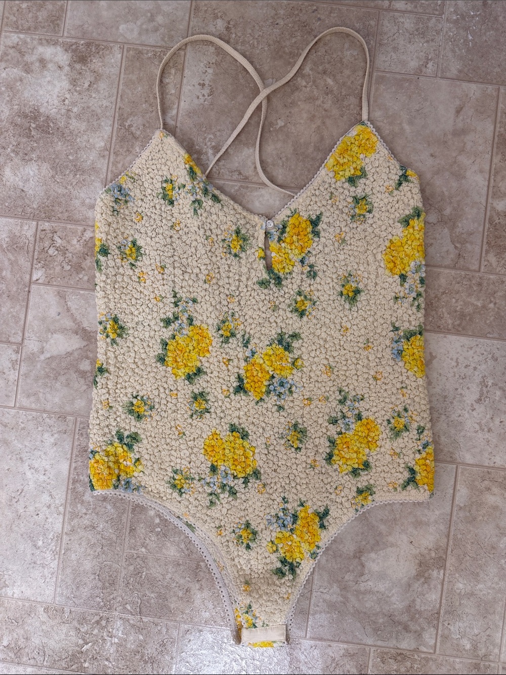 Free People Cream Bouclé Floral Bodysuit with Yellow Accents